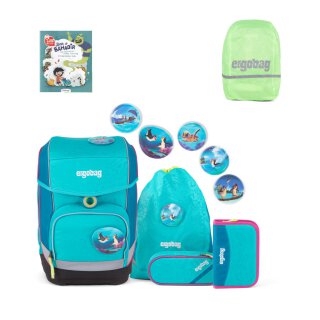 Ergobag Cubo SET Schulrucksack Hula HoopBär, Buch Bahadir, Regenhülle grün
