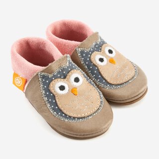 Orangenkinder Lederschläppchen Krabbelschuhe mit Sohle Amigo Eule rosa braun